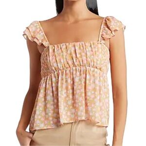 Elodie Floral Ruffle Sleeve Smocked Top Peach Sleeveless Blouse Size L